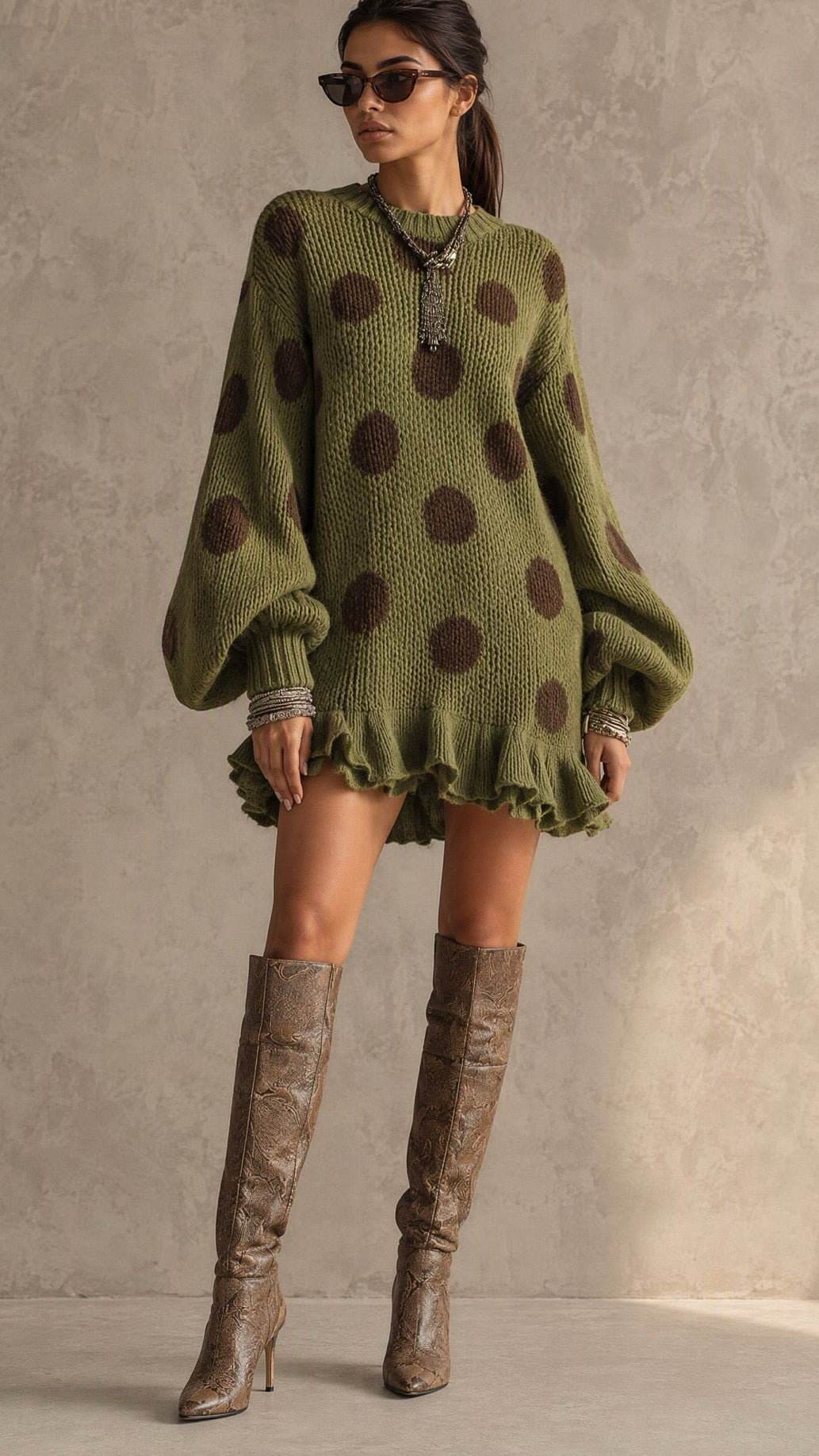 The Olive Dot Ruffle Knit Sweater Dress