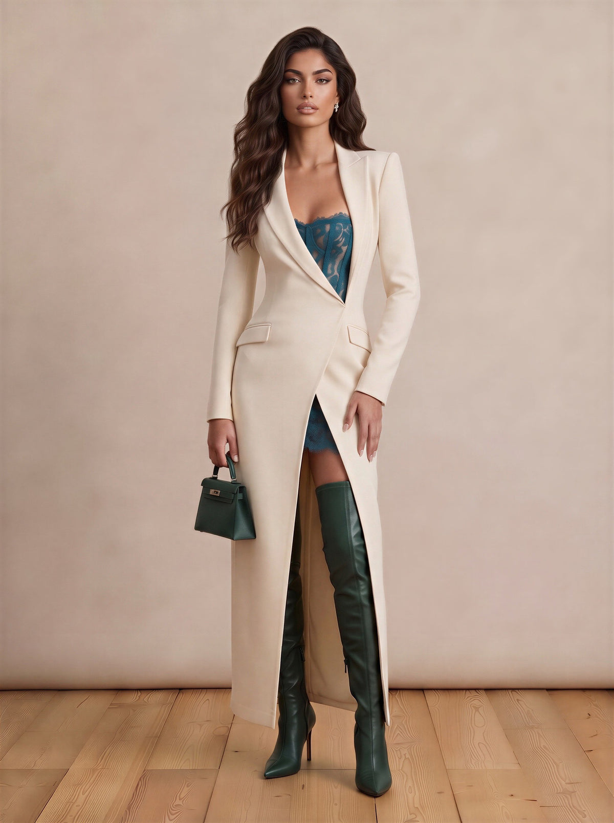 White & Teal Tailored Temptation Maxi Dress with Lace Inserts and Slit