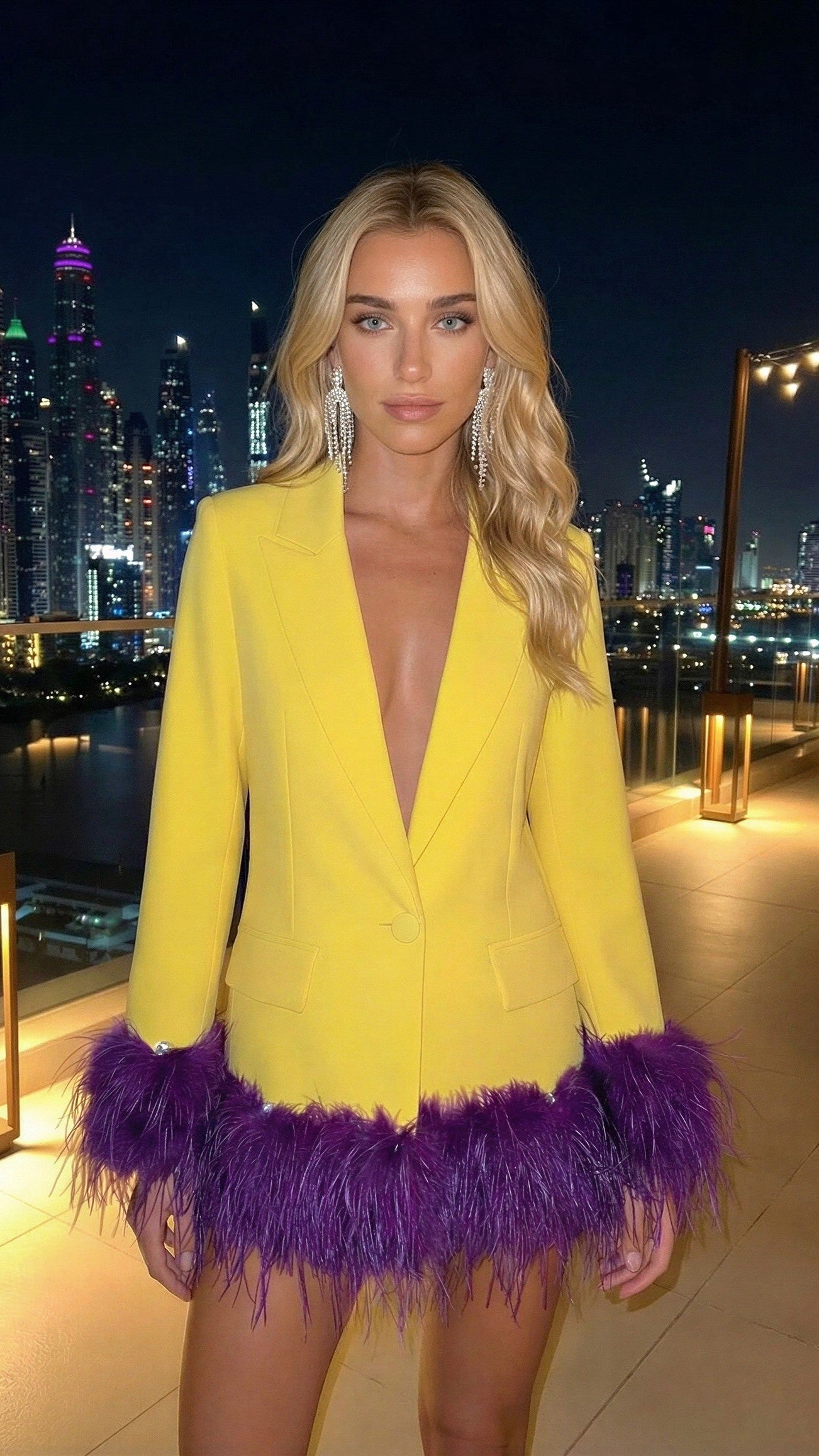 All Vibrant Yellow Blazer with Purple Feather Trim