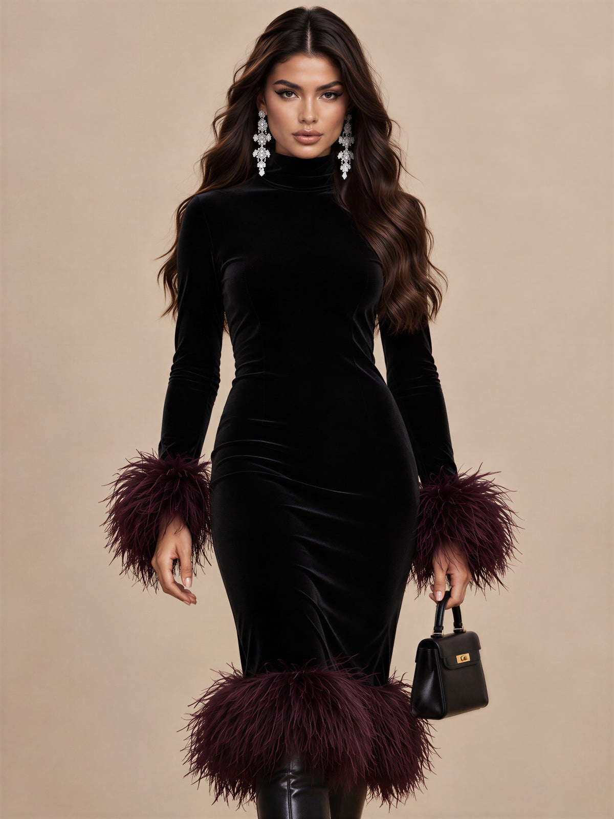 The Nocturne Feather-Cuff Velvet Midi Dress