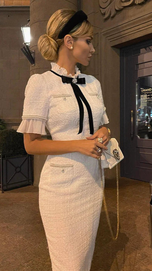 Delicate Beaded Bow Midi Dress
