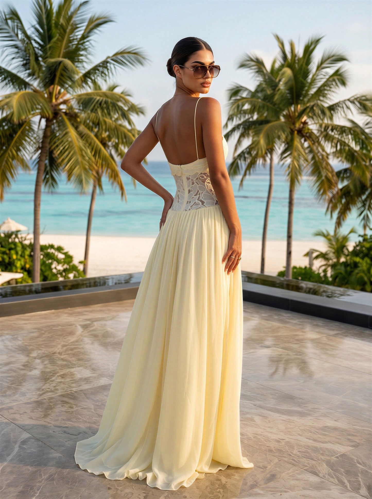 Golden Hour Bliss: Romantic Yellow Lace and Chiffon Floor Length Dress