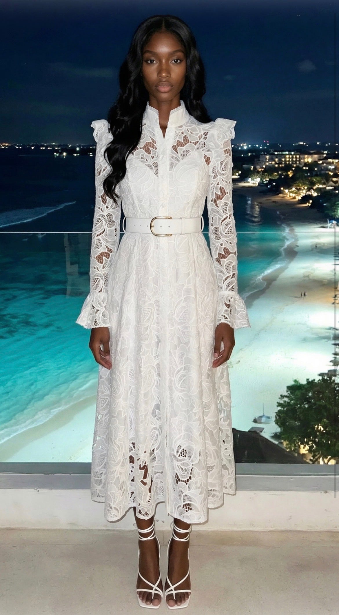Lacey Lace Maxi Dress with belt - in white, Blue or pink