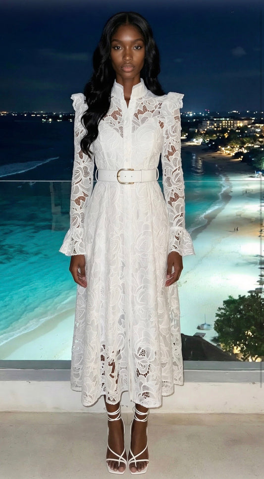 Lacey Lace Maxi Dress with belt - in white, Blue or pink