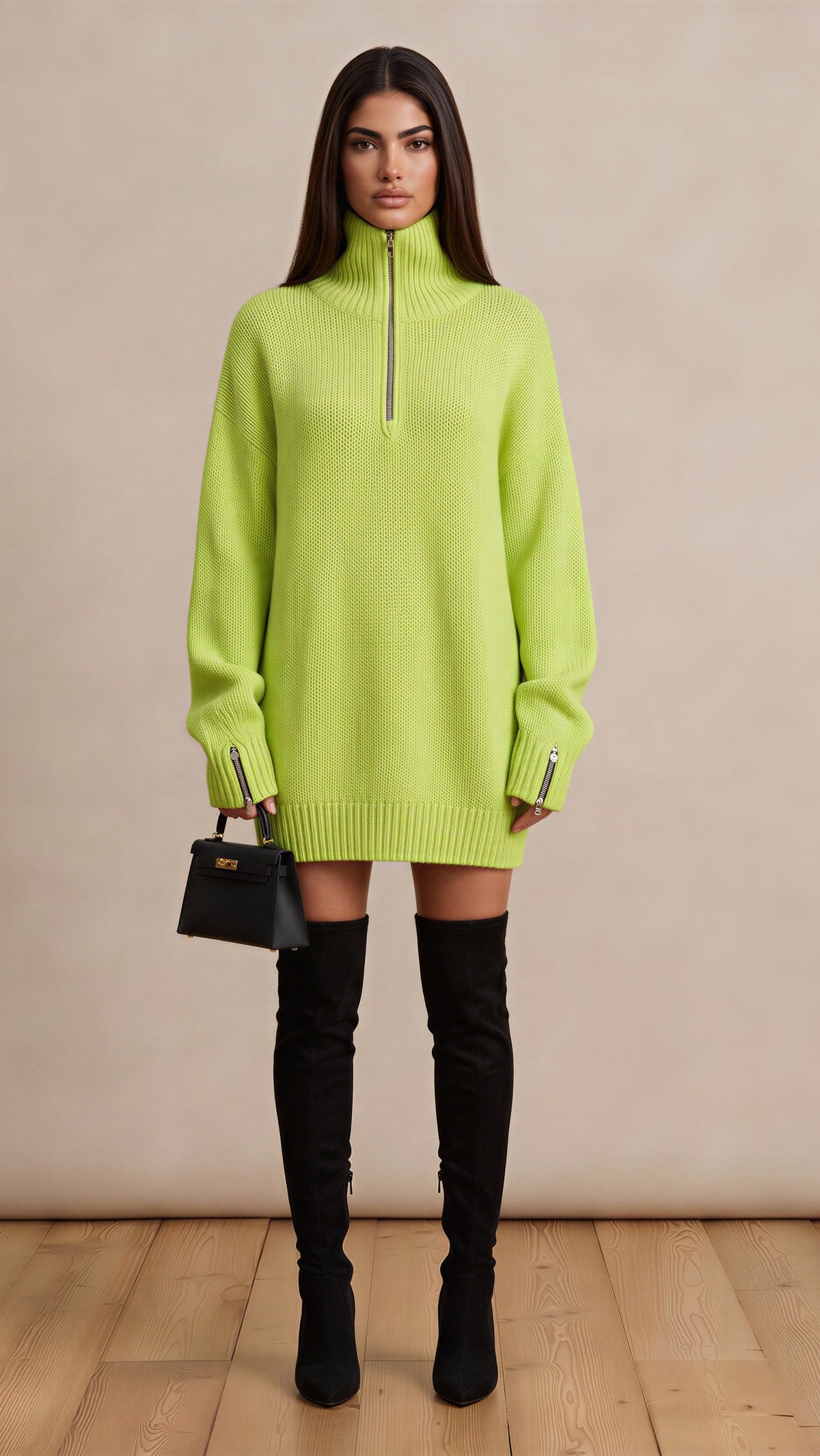 Fluorescent Green Half-Zip High Sweater Dress