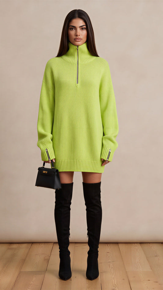 Fluorescent Green Half-Zip High Sweater Dress