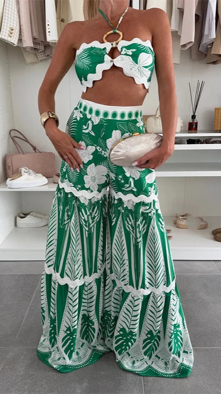 Tropical Green Lace-up Crop Top & Long Pant Set