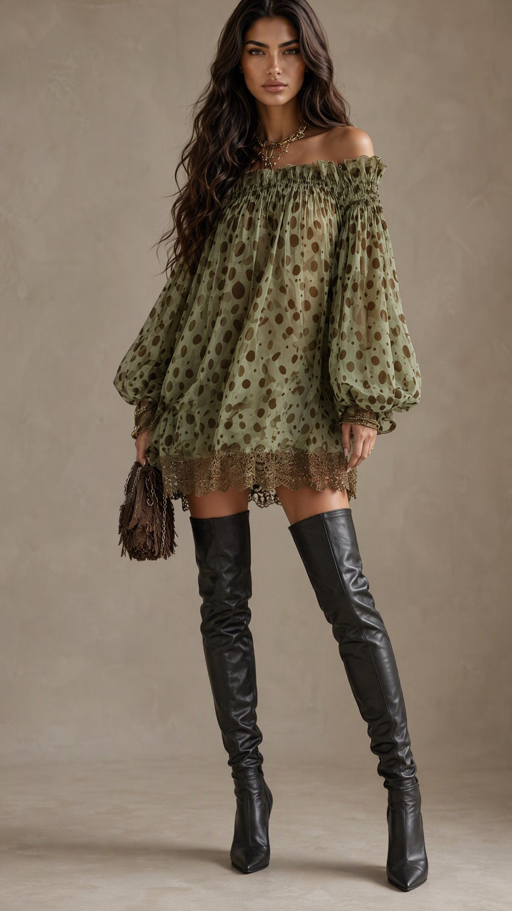 Olive Serenade Off-Shoulder Chiffon Mini Dress