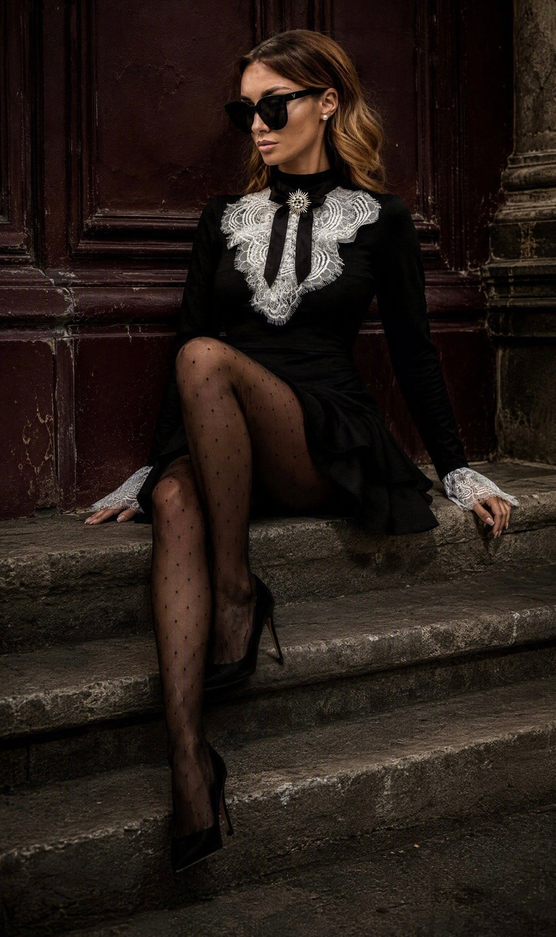 All the Frills Black Mini Dress with Diamontee Brooch