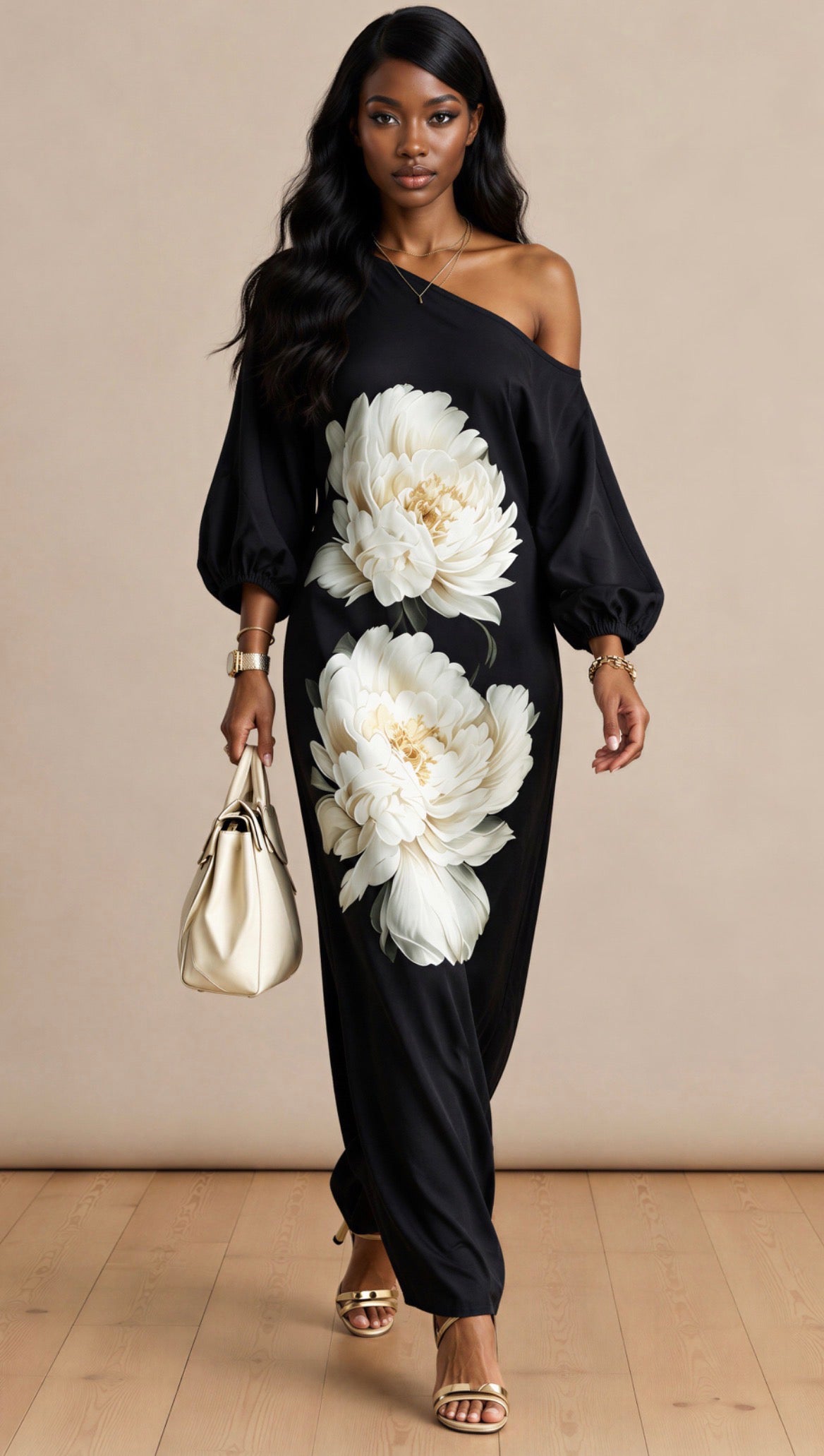 Ivory Bloom One-Shoulder Maxi Dress