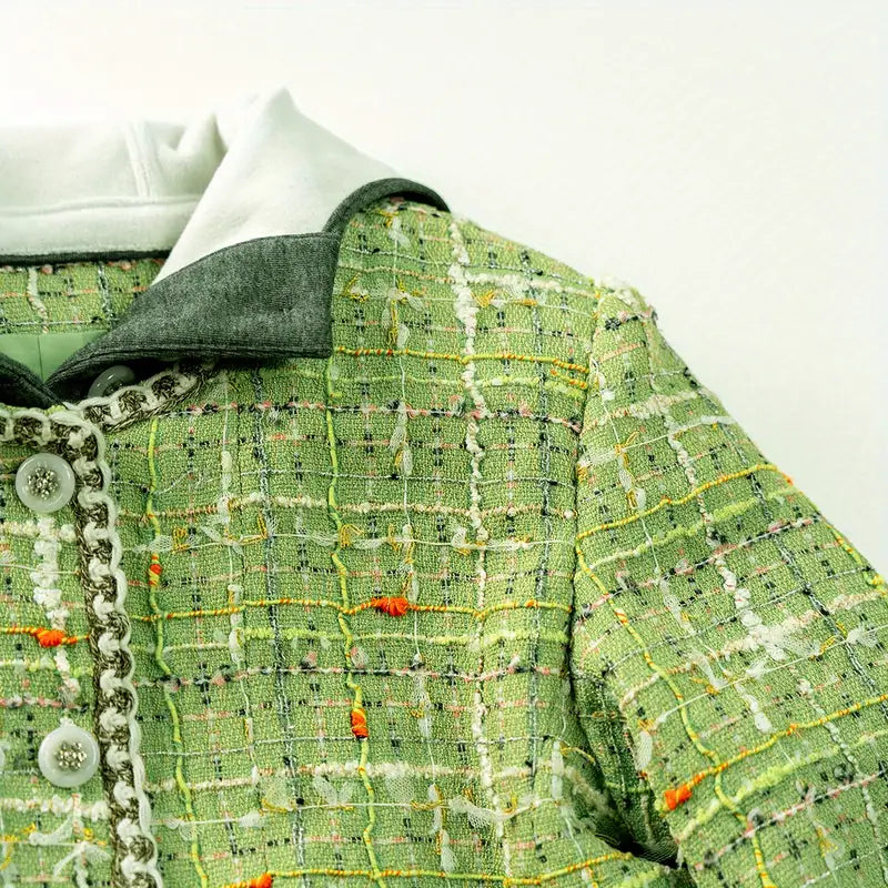 Green Plaid Tweed Jacket with Detachable Hood Coat & Diamontee Buttons