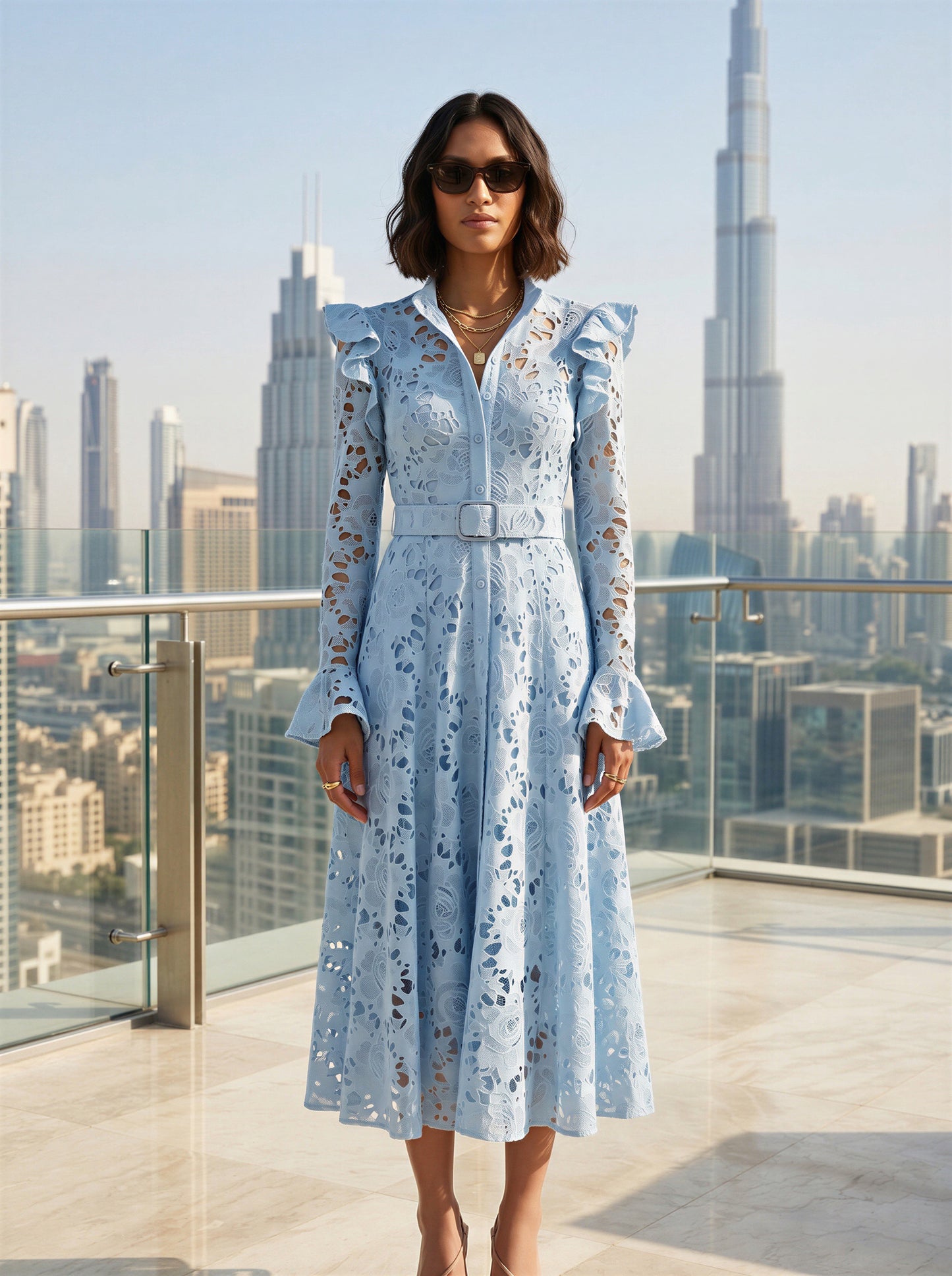Lacey Lace Maxi Dress with belt - in white, Blue or pink
