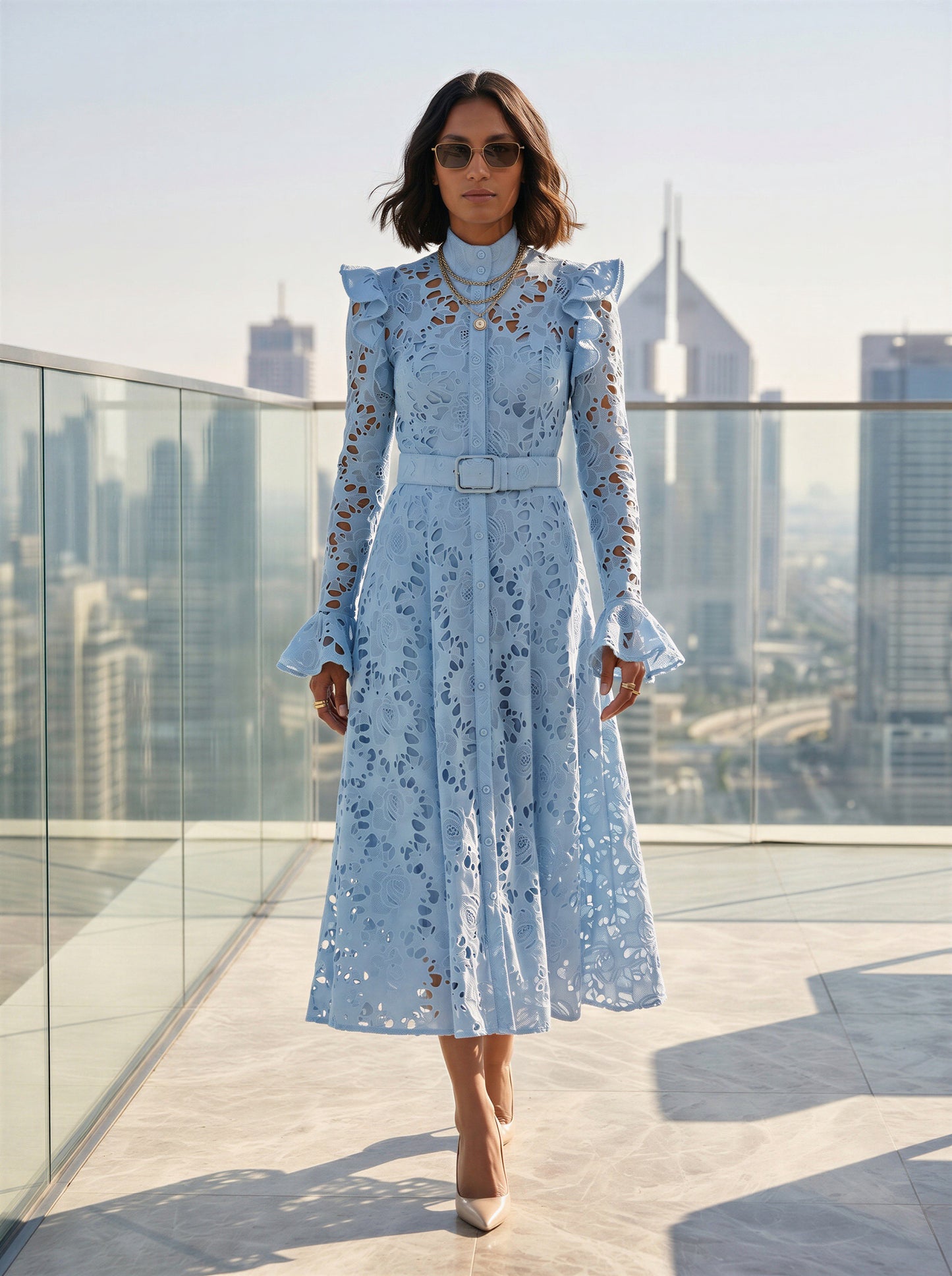 Lacey Lace Maxi Dress with belt - in white, Blue or pink