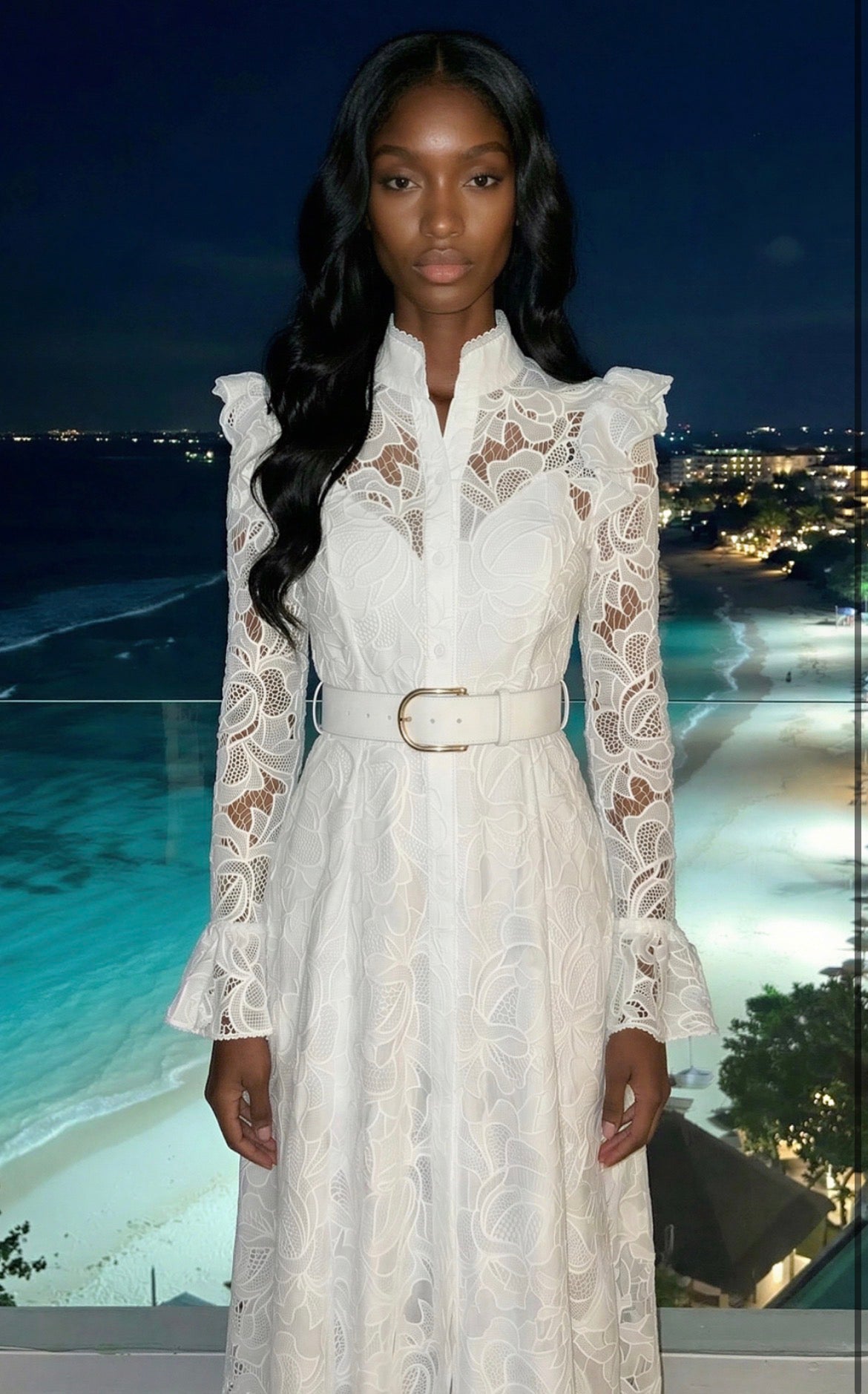 Lacey Lace Maxi Dress with belt - in white, Blue or pink