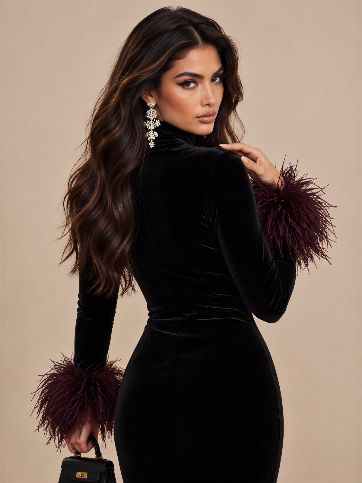 The Nocturne Feather-Cuff Velvet Midi Dress
