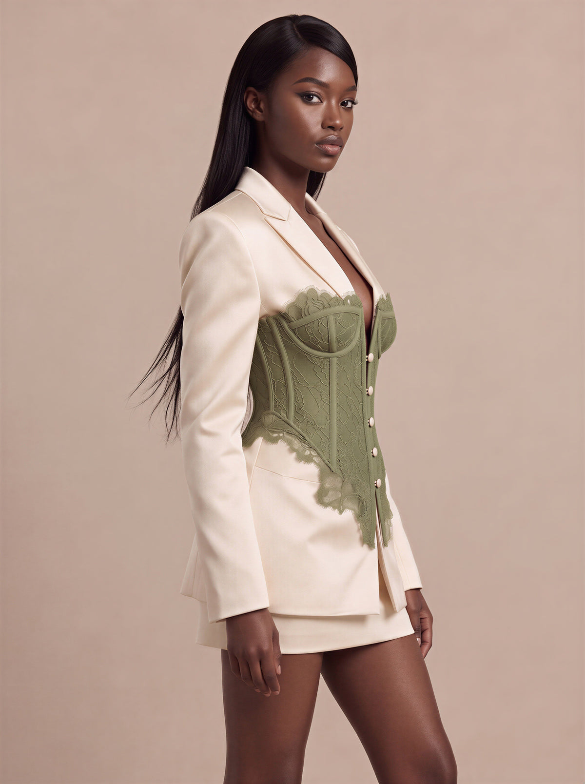 The Valentina Satin Eggshell &  Basil Lace Corset Blazer & Satin Mini Skirt