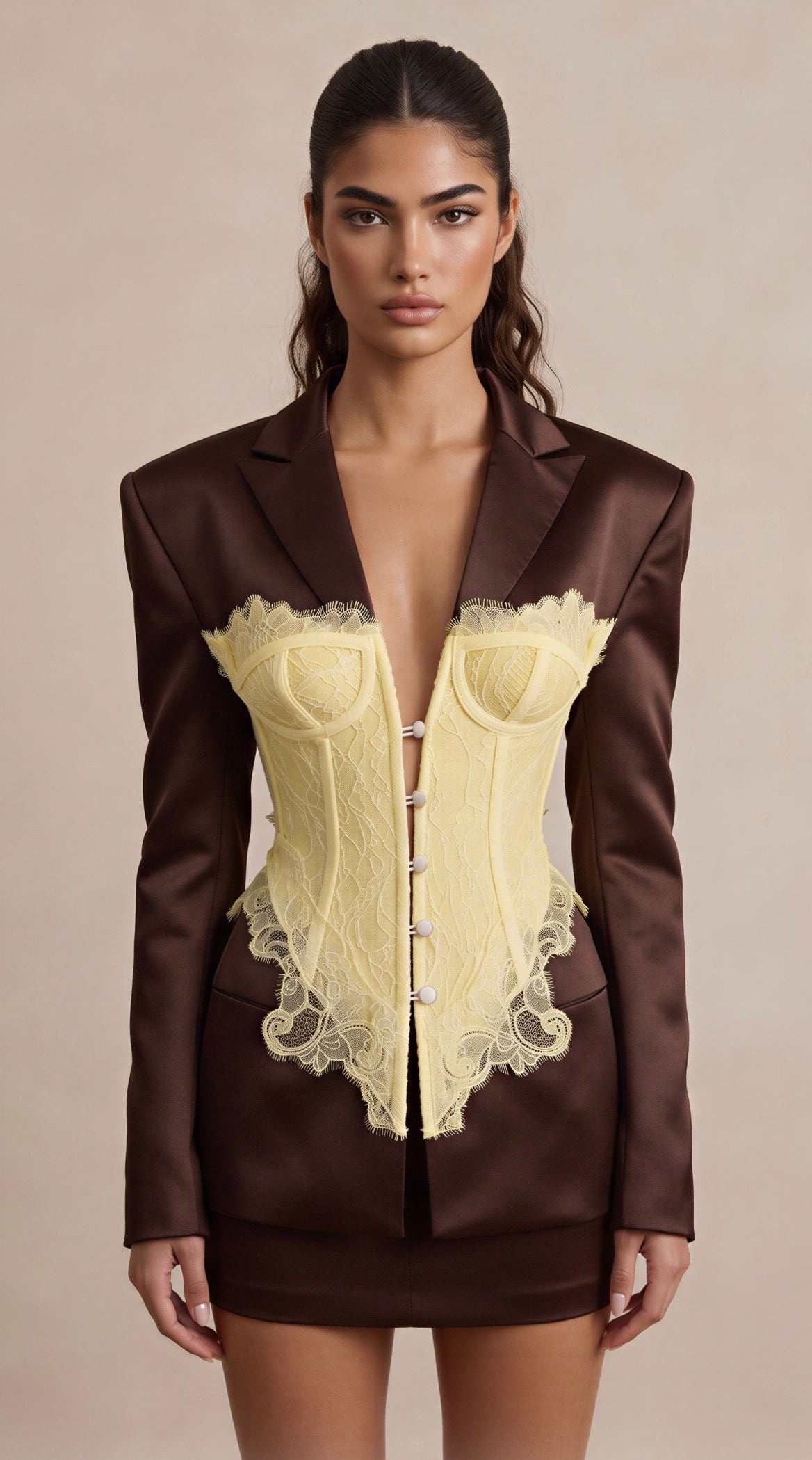 The Valentina Satin Noir Corset Blazer & Satin Mini Skirt