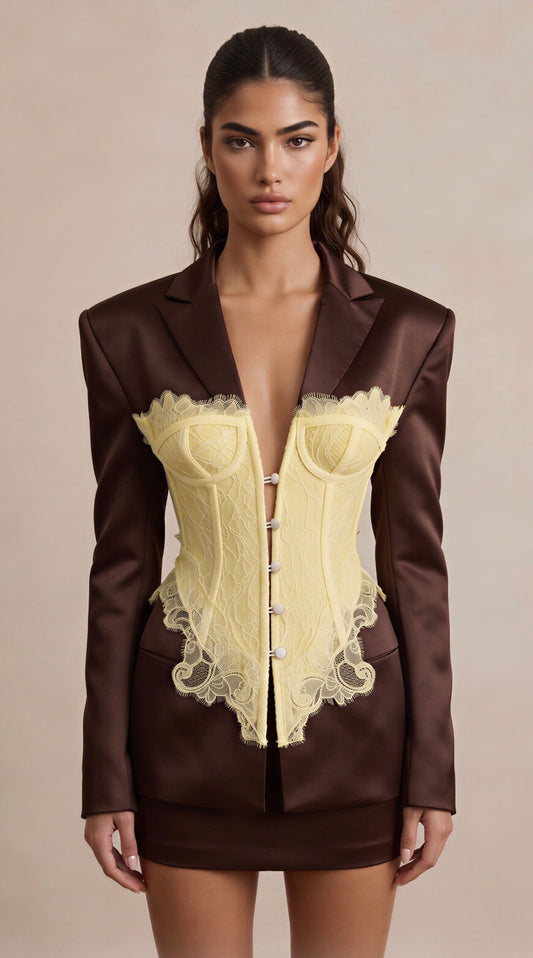 The Valentina Satin Noir Corset Blazer & Satin Mini Skirt