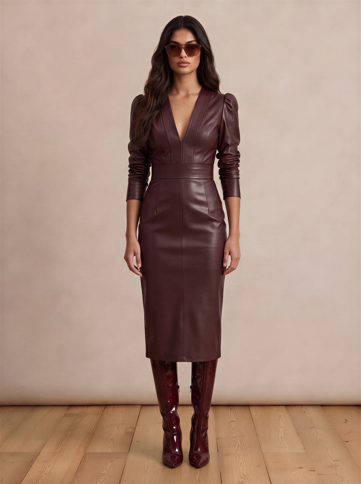 Midnight Muse Burgundy PU Leather MIDI Dress