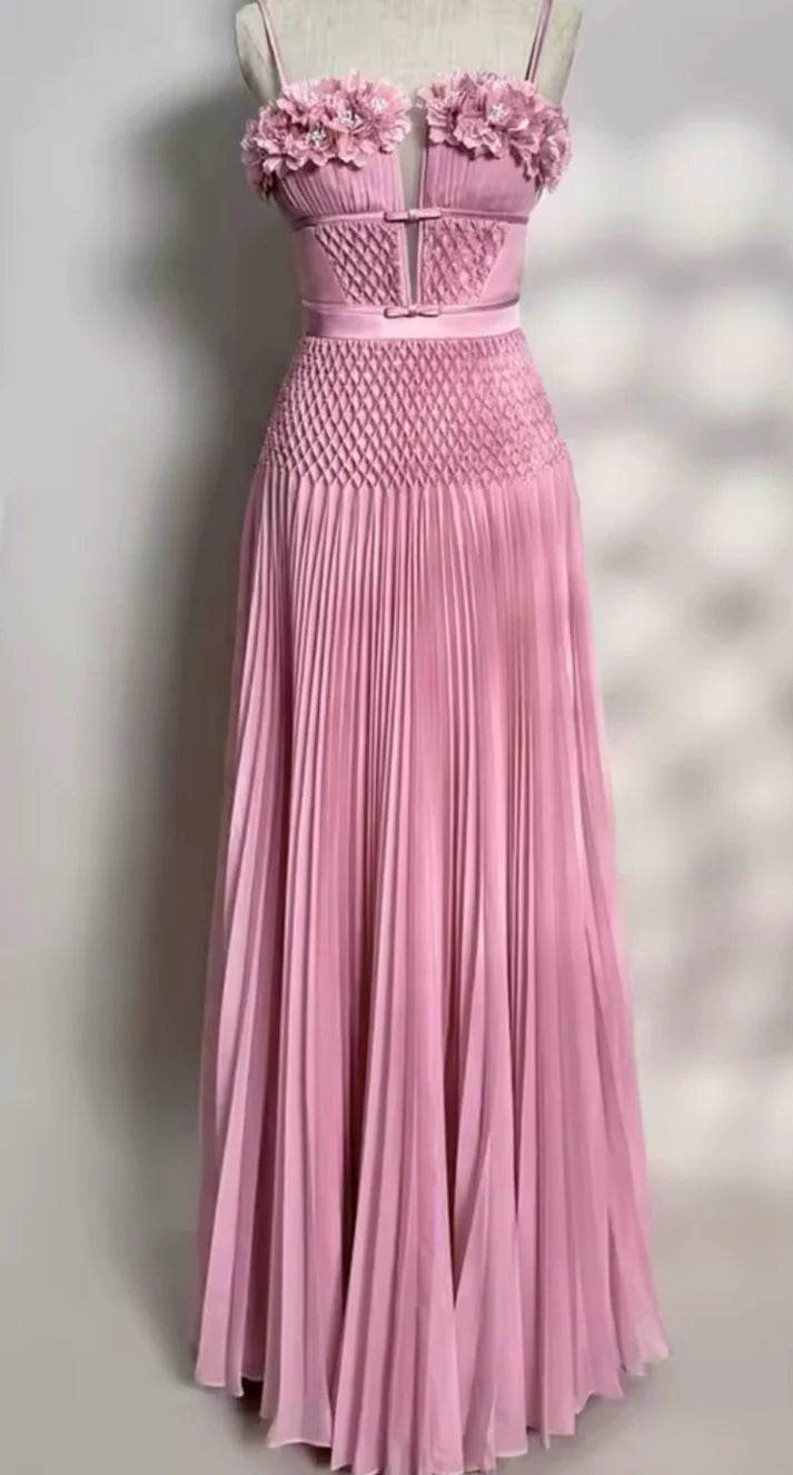 Beautiful Flower Pleated Maxi Dress