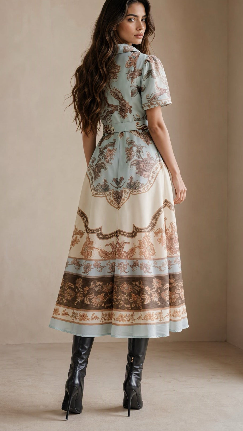 Vintage Floral Belted Midi Shirt Dress