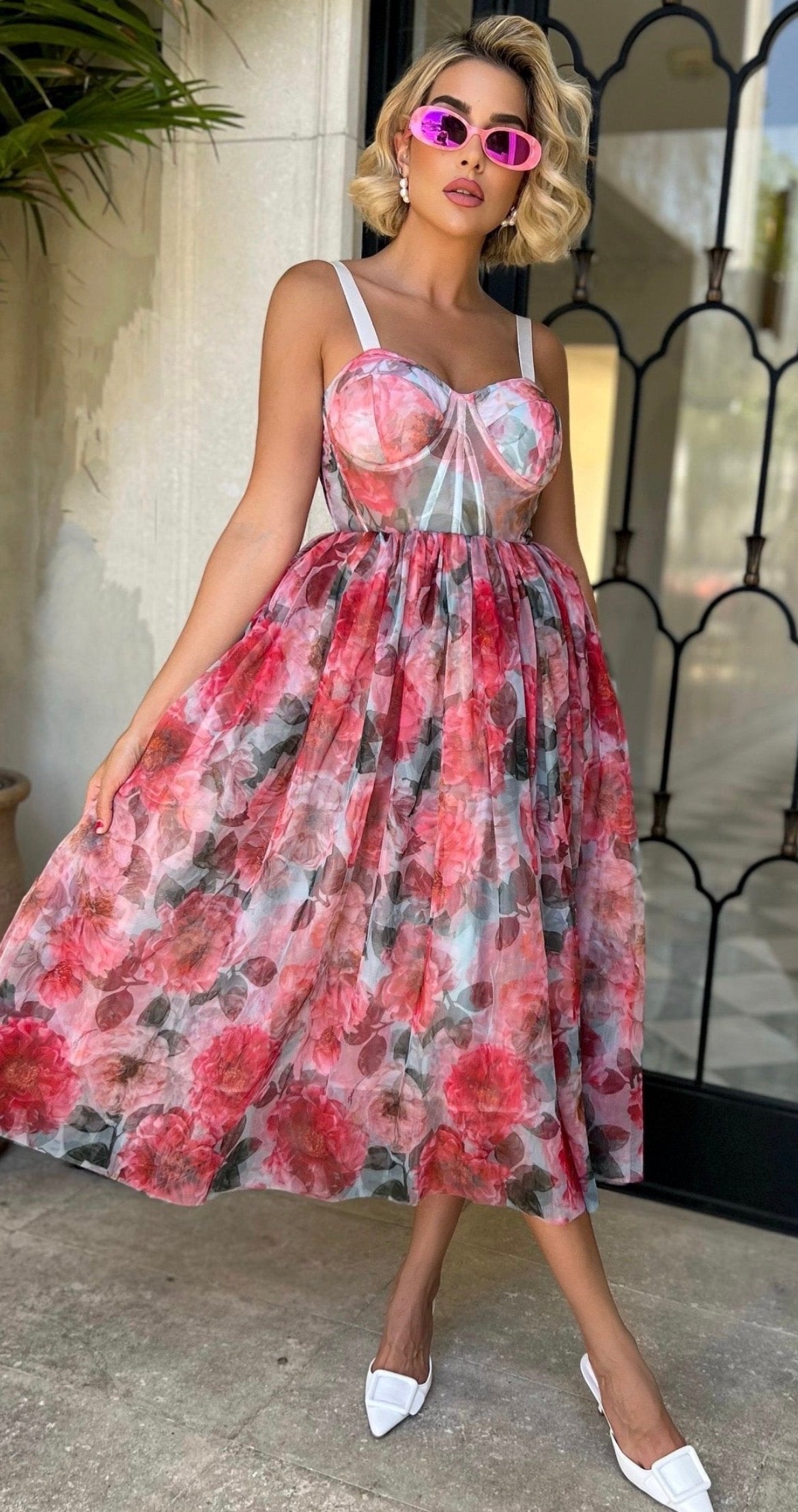 Faded Floral Bustier Midi Dress