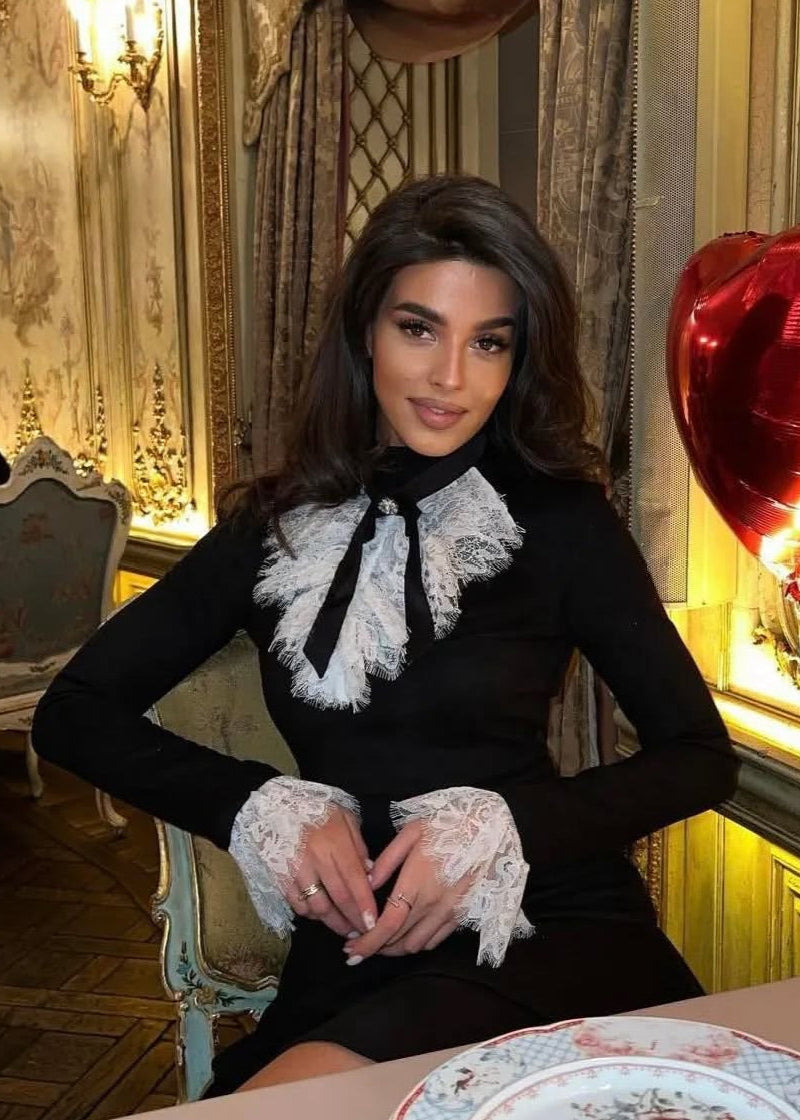 All the Frills Black Mini Dress with Diamontee Brooch