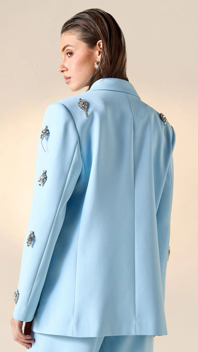 Diamonds Feather Lapel Flare Trousers Suit - Comes in Blue or Pink