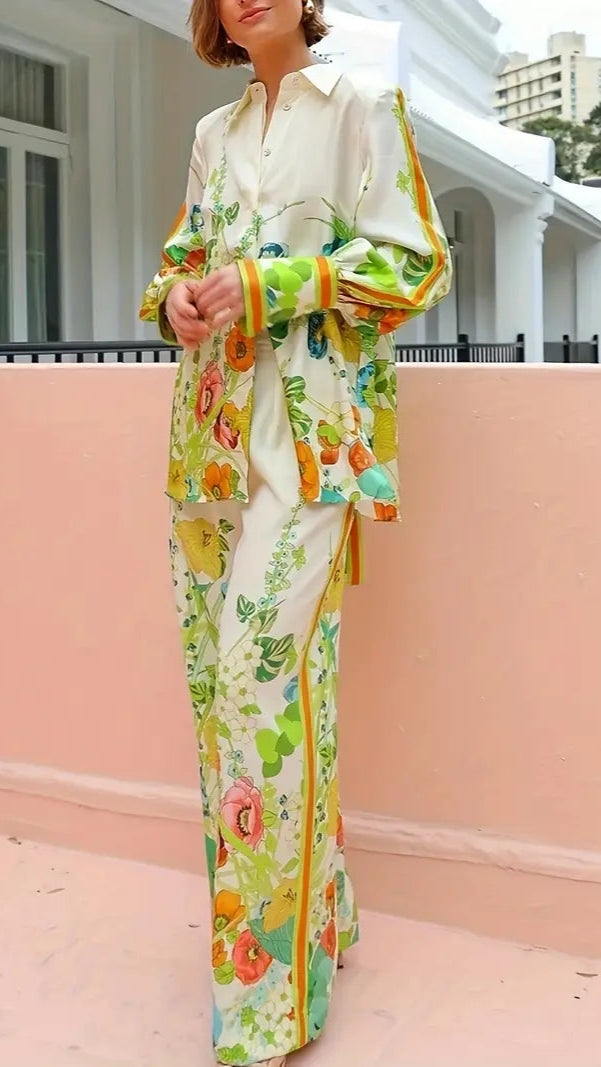 Chic Floral Floral Print Shirt & Wide-Leg Pants Two Piece Set