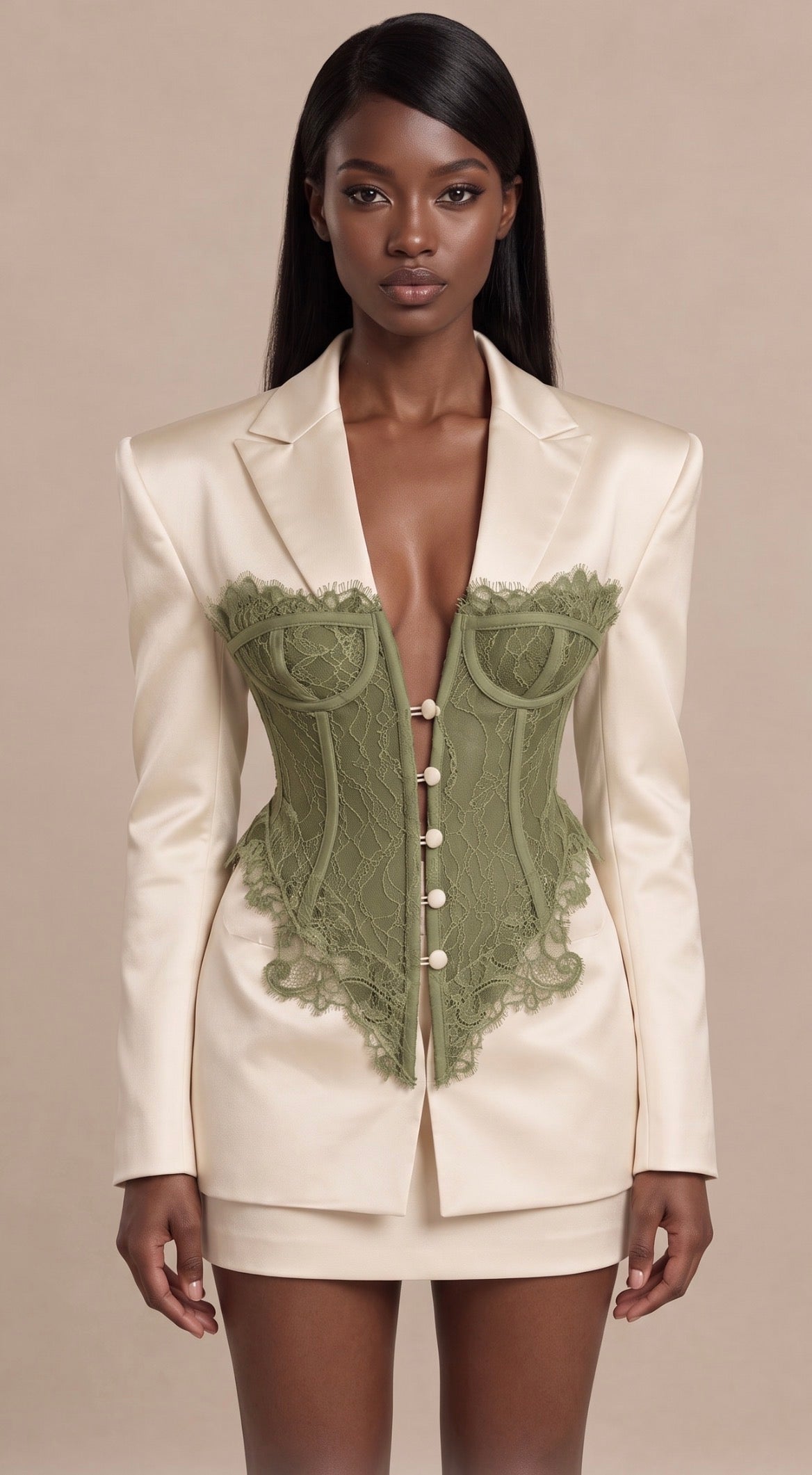 The Valentina Satin Eggshell &  Basil Lace Corset Blazer & Satin Mini Skirt