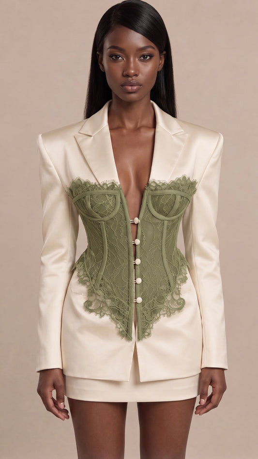 The Valentina Satin Eggshell &  Basil Lace Corset Blazer & Satin Mini Skirt