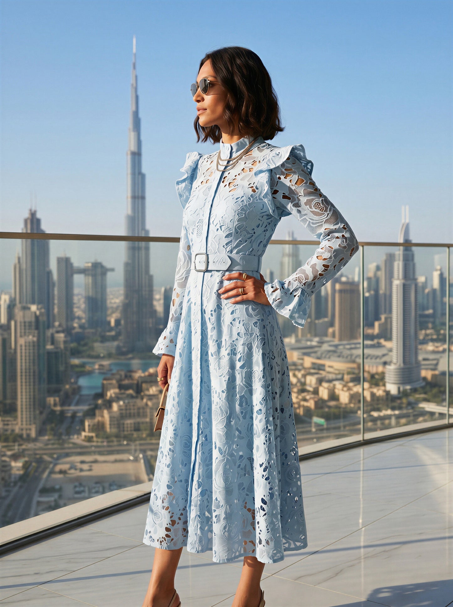 Lacey Lace Maxi Dress with belt - in white, Blue or pink