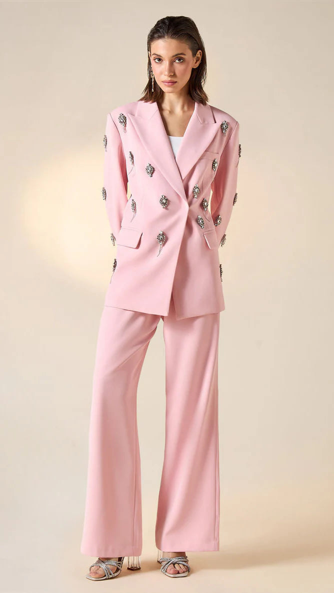 Diamonds Feather Lapel Flare Trousers Suit - Comes in Blue or Pink