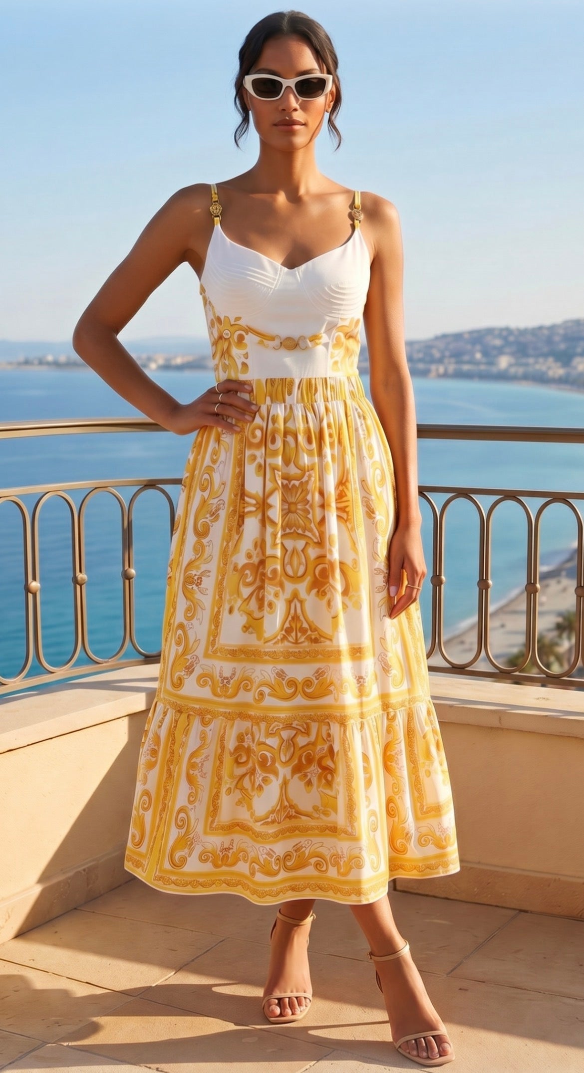 Yellow & White Tile Midi Dress
