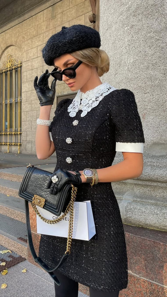 Vintage Tweed & Lace Collar Dress