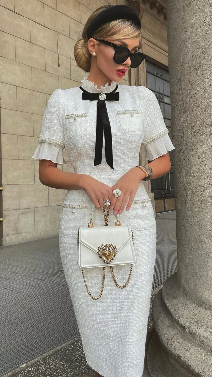 Delicate Beaded Bow Midi Dress