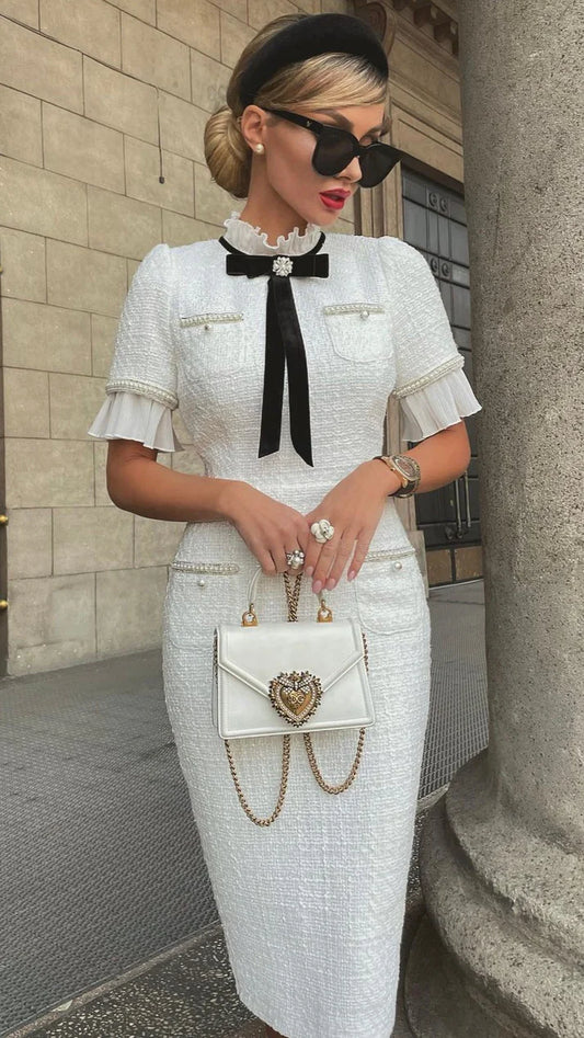 Delicate Beaded Bow Midi Dress