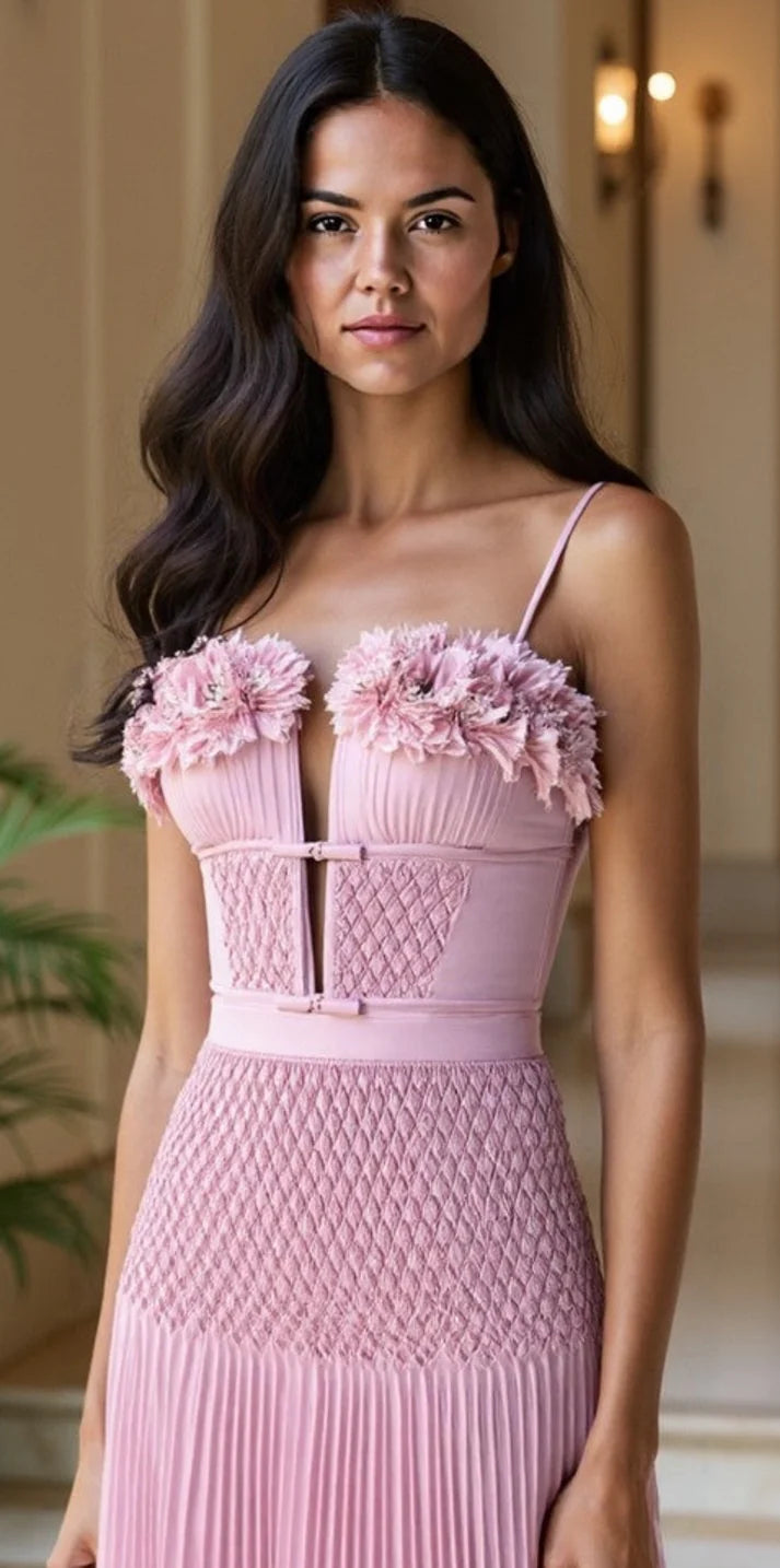 Beautiful Flower Pleated Maxi Dress