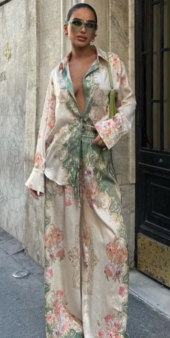 Chic Floral Green & Cream Two Piece
