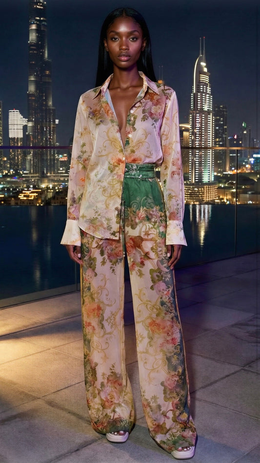 Chic Floral Green & Cream Two Piece