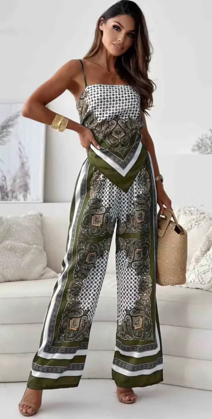 Satin Print Two Piece Set - comes in Blue, Green and Grey