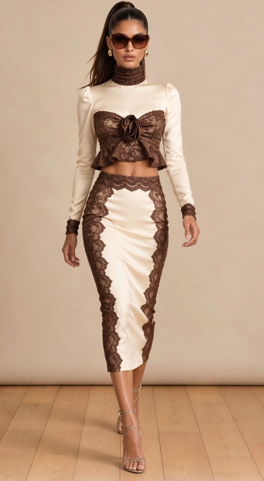 The Cocoa Rose Satin & Lace Two-Piece Set