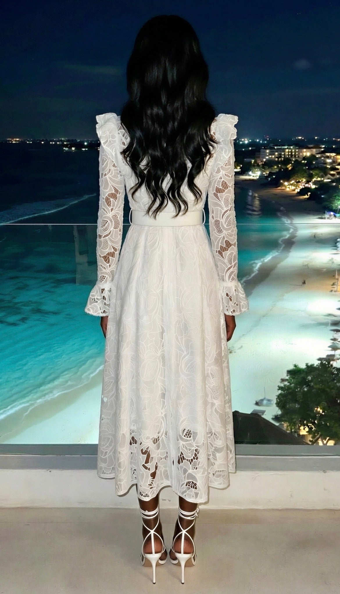 Lacey Lace Maxi Dress with belt - in white, Blue or pink