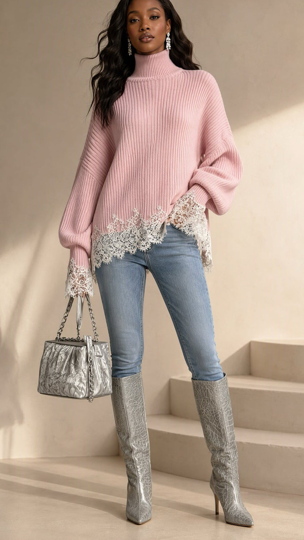 The Rosalie Lace-Trim Pink Knit Jumper