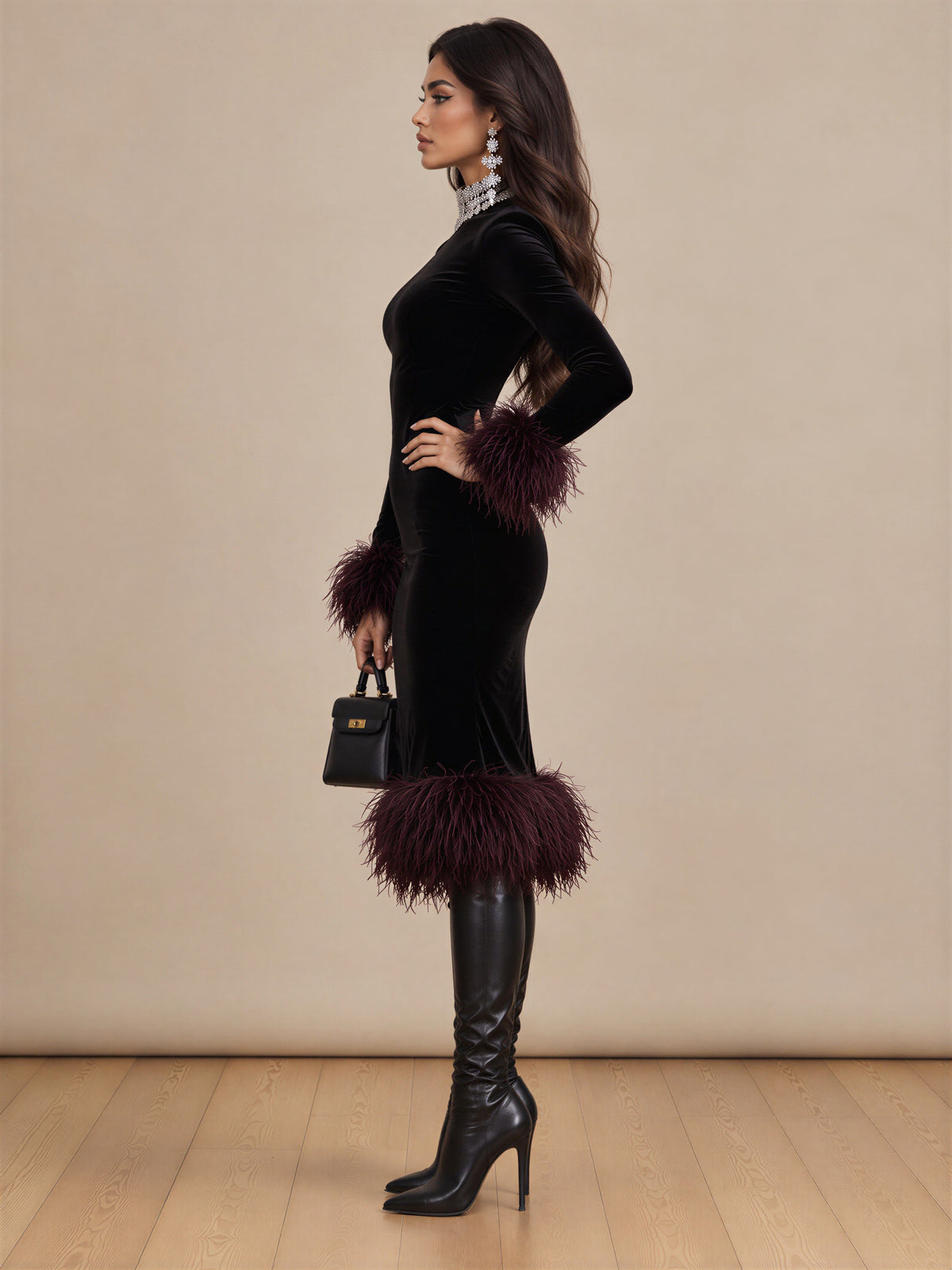 The Nocturne Feather-Cuff Velvet Midi Dress
