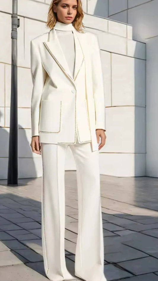 Staple White Blazer & High Waisted Wide Trouser Suit with Neck Tie