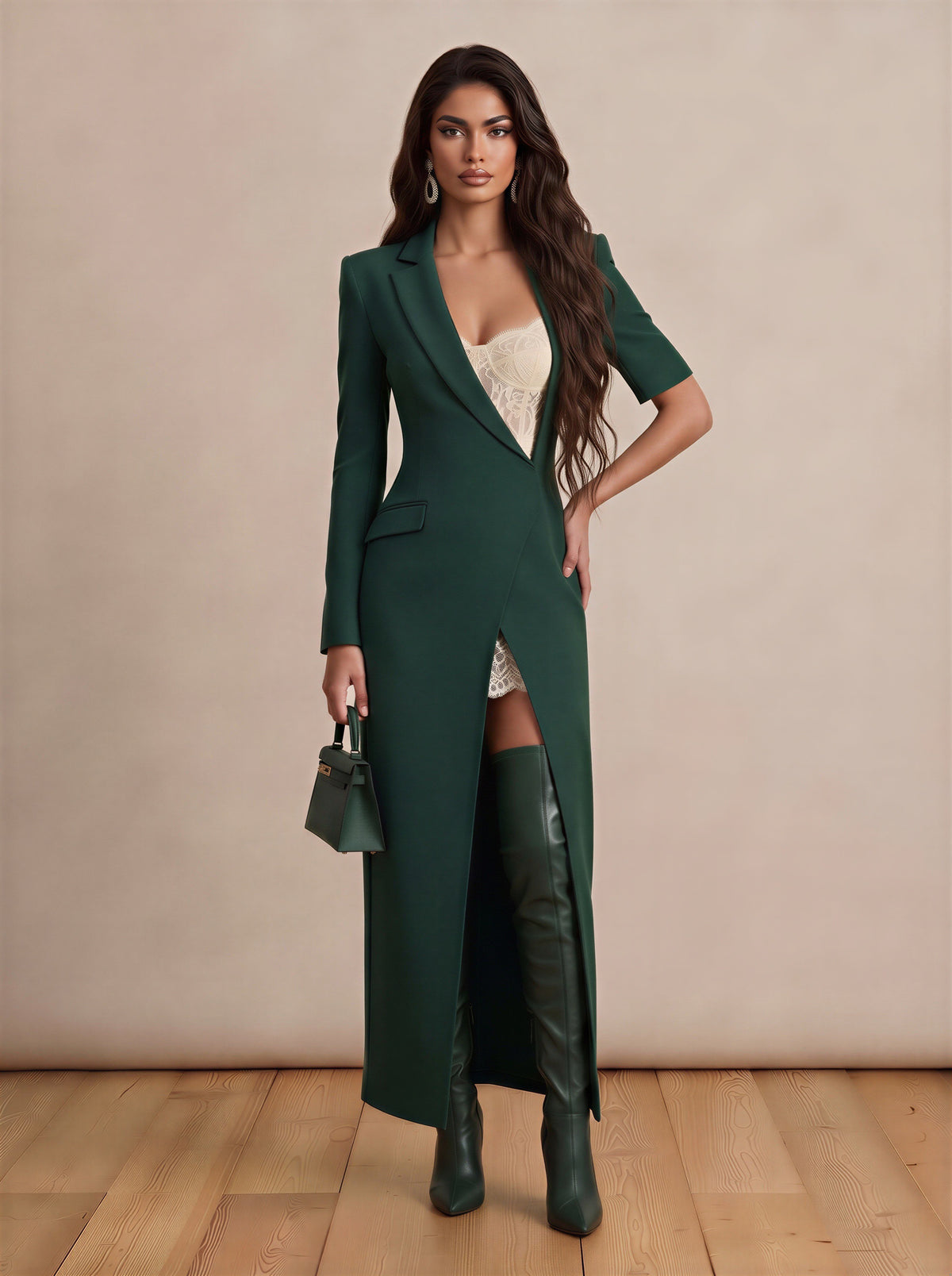 Green & Cream Tailored Temptation Maxi Dress with Lace Inserts and Slit