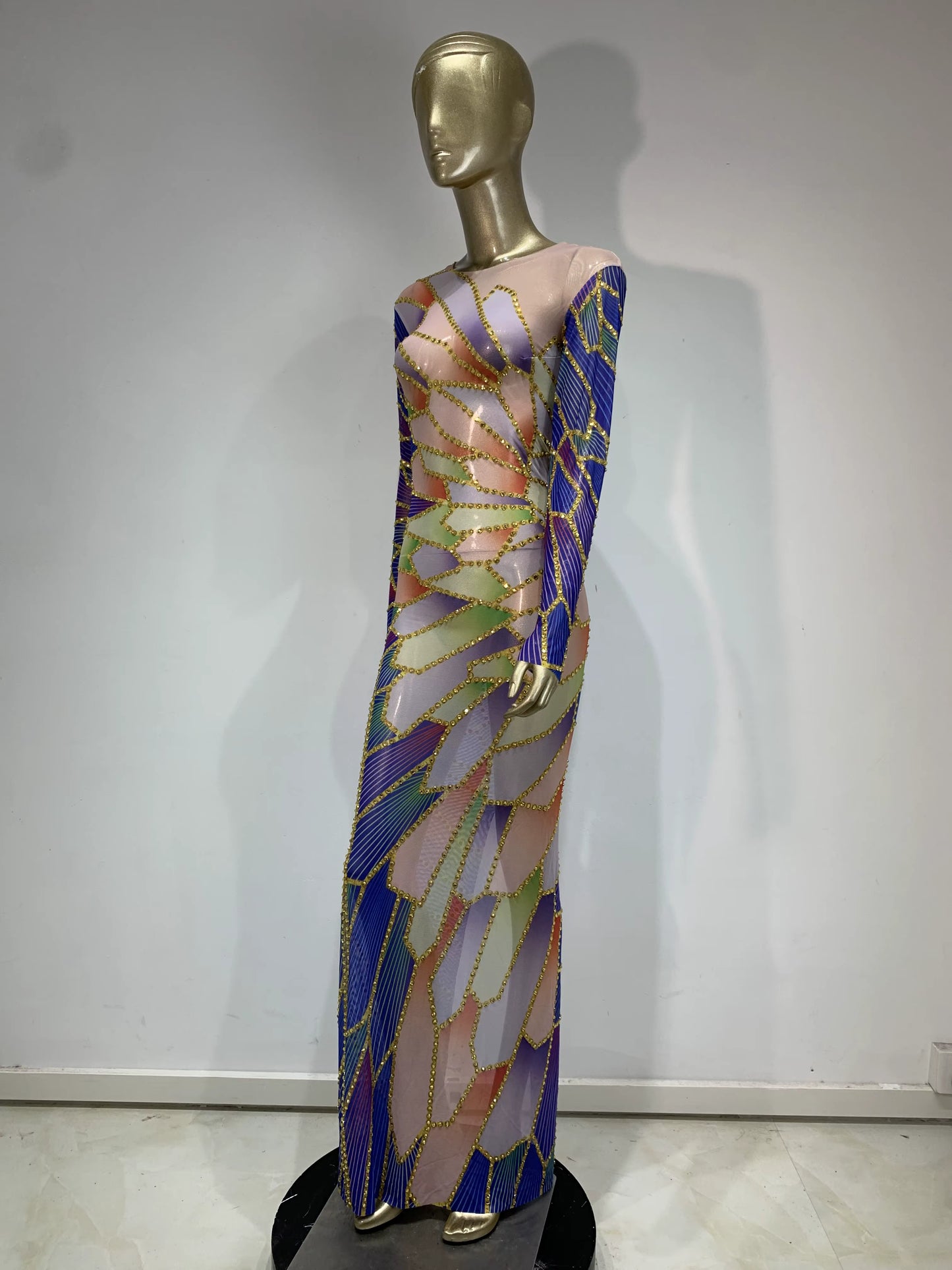 Starlight Express Rhinestones Mesh See Through Maxi Dress