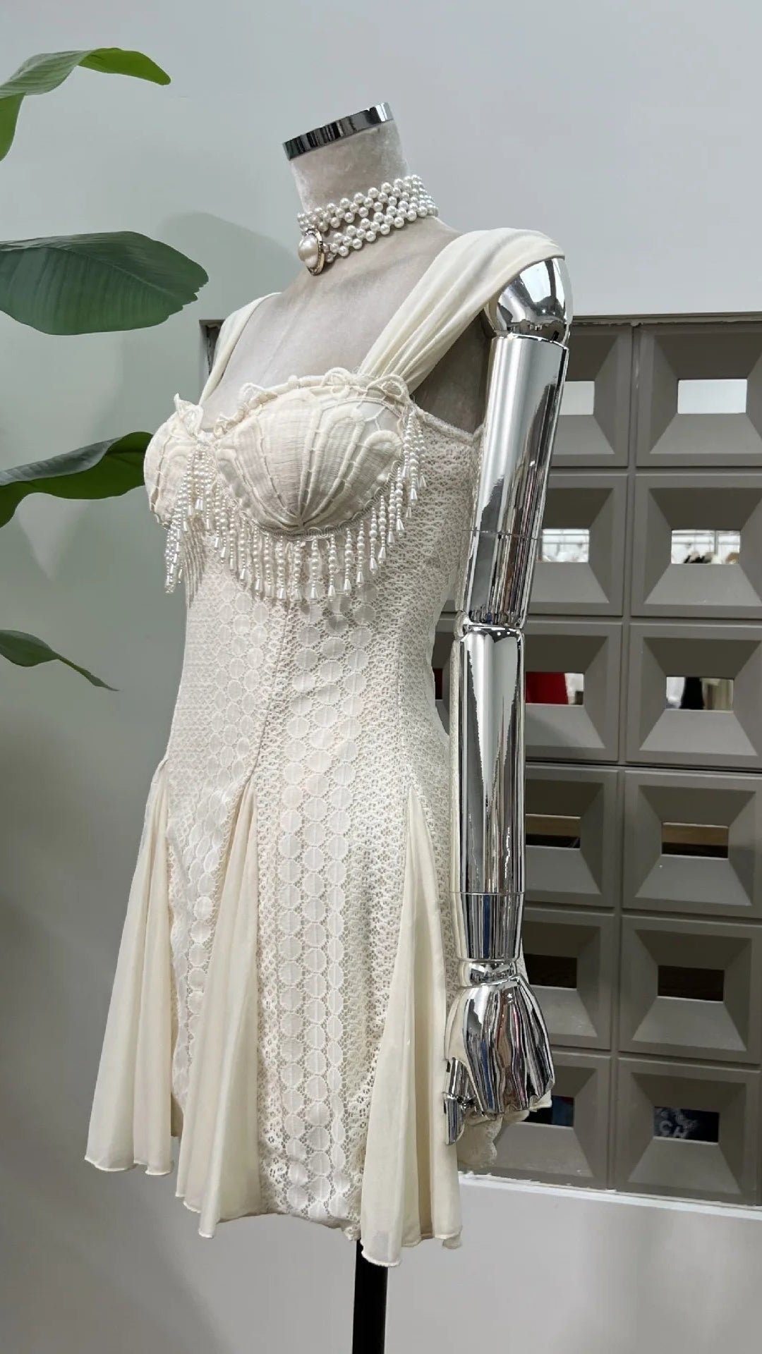 Crystal Clear Mini Dress Lace Dress Pearl Fringe
