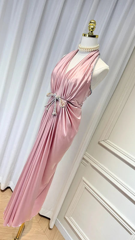 Elegant Blush Pleated Dress with Crystal Belt